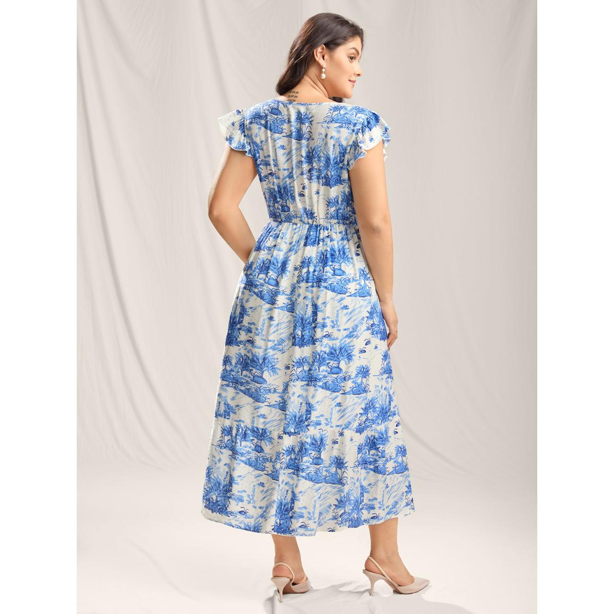 Plus Size Landscape Floral Print Cinched-Waist Maxi Dress Skyblue Women V-neck Cap Sleeve Curvy BloomChic 10/M Product Image