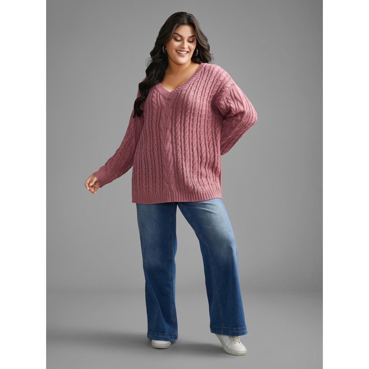 Plus Size V Neck Texture Cable Knit Pullover DustyPink Women Casual Loose Long Sleeve V-neck Everyday Pullovers BloomChic 26/4X Product Image