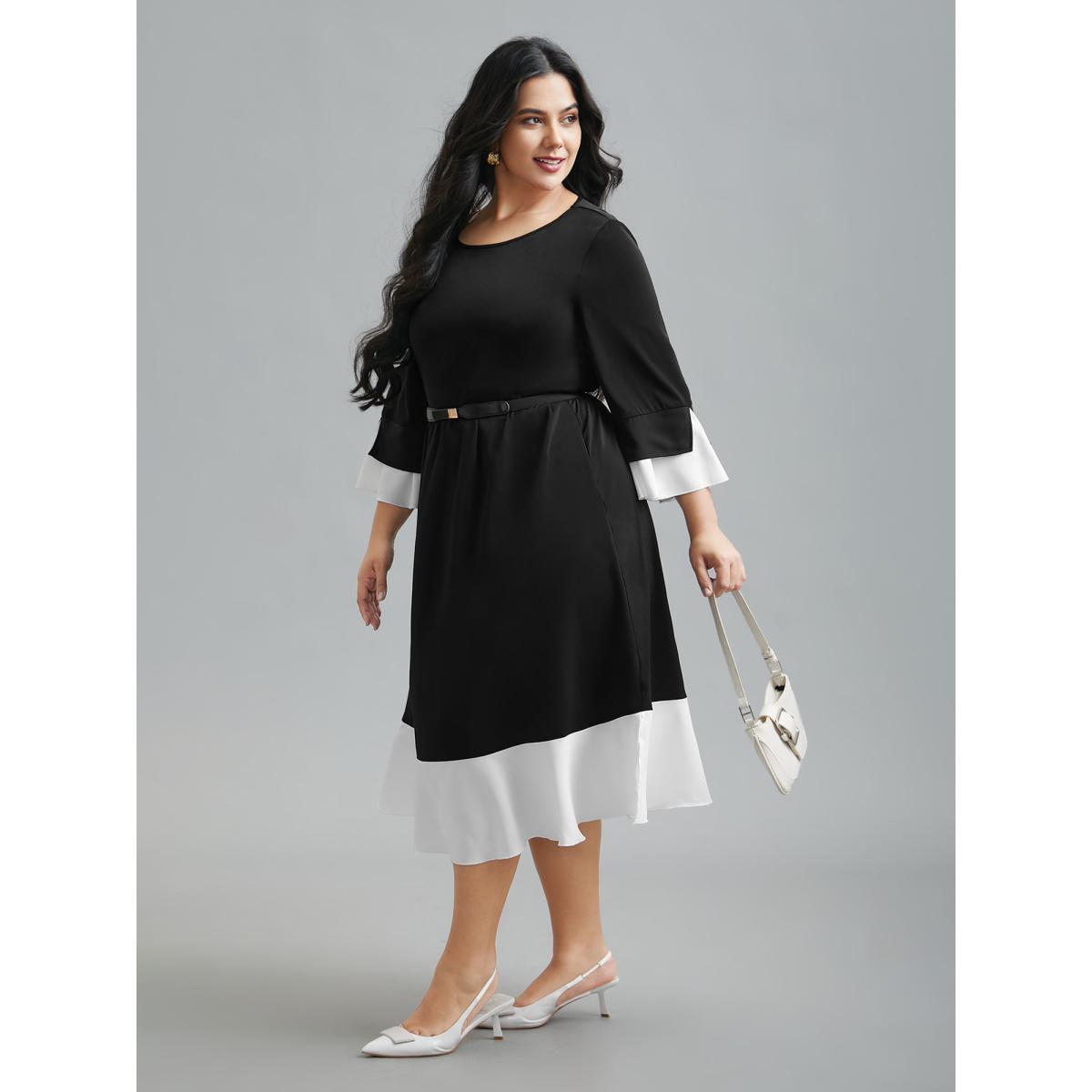 Plus Size Color Contrast Tiered Skirt Pocket Midi Dress Black Women At the Office Contrast Round Neck Elbow-length sleeve Curvy BloomChic 12/L Product Image