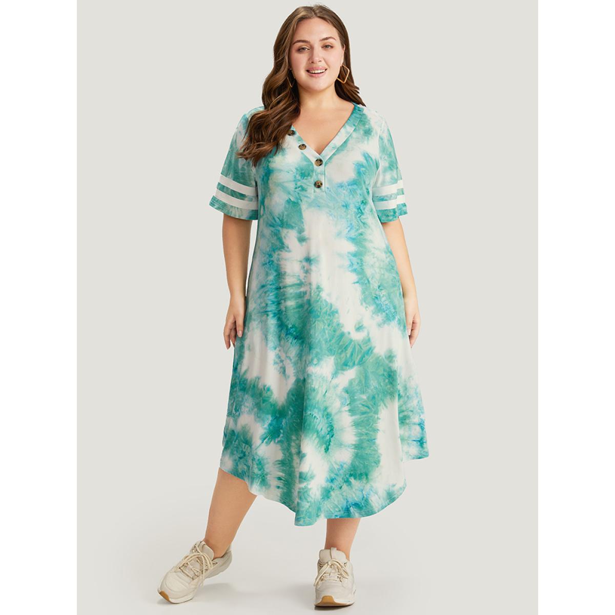 Plus Size Tie Dye & Striped Button Detail Pocket Arc Hem Dress Emerald Women Casual Printed V-neck Short sleeve Curvy Midi Dress BloomChic 10/M Product Image