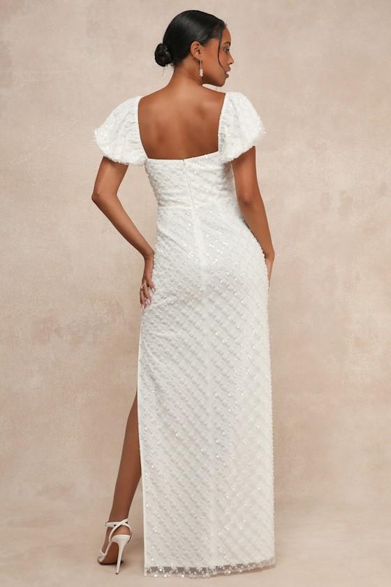 Incredible Glamour White Sequin Puff Sleeve Column Maxi Dress Product Image