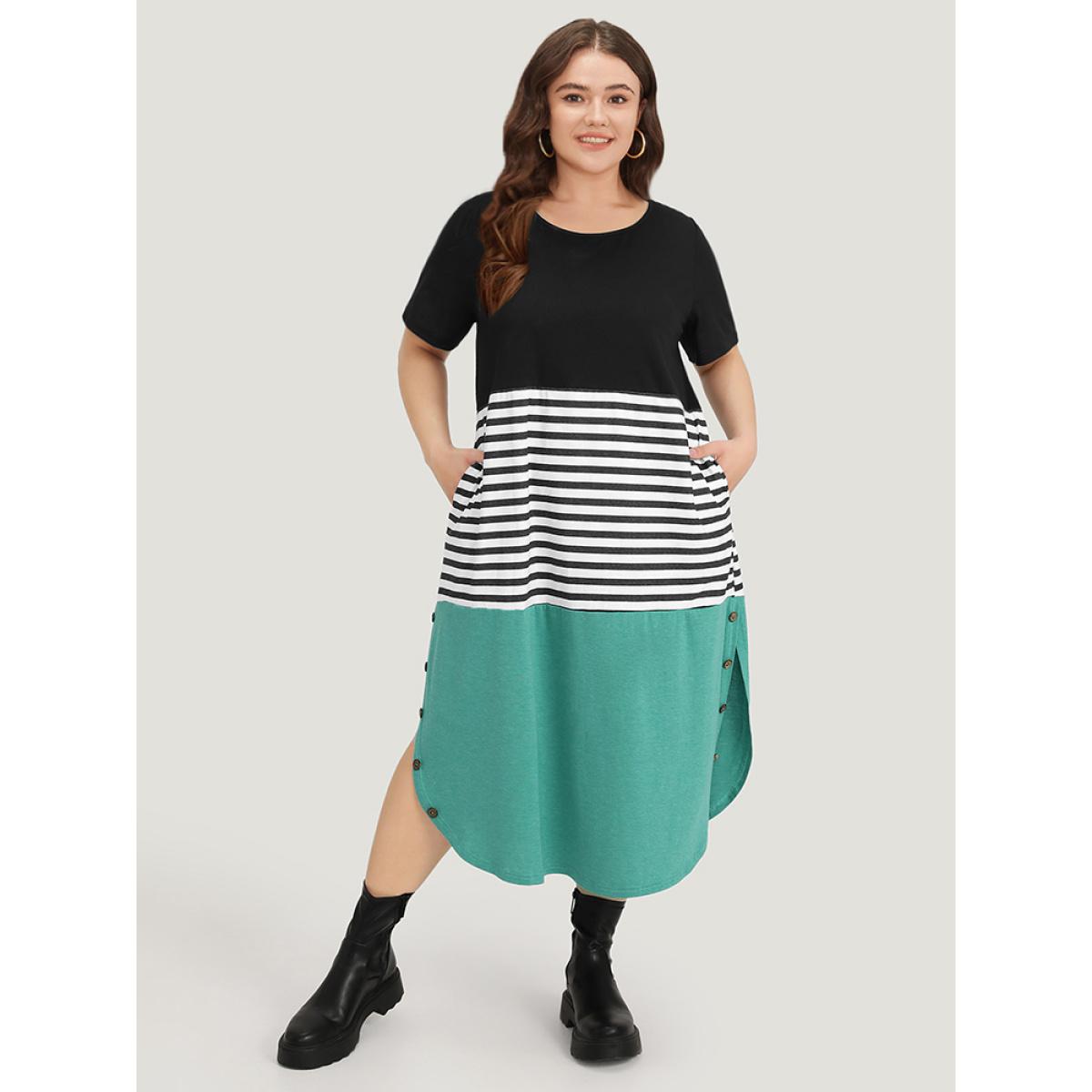 Plus Size Supersoft Essentials Striped Colorblock Arc Hem Button Detail Dress Black Women Casual Arc Hem Round Neck Short sleeve Curvy Midi Dress BloomChic 30/6X Product Image