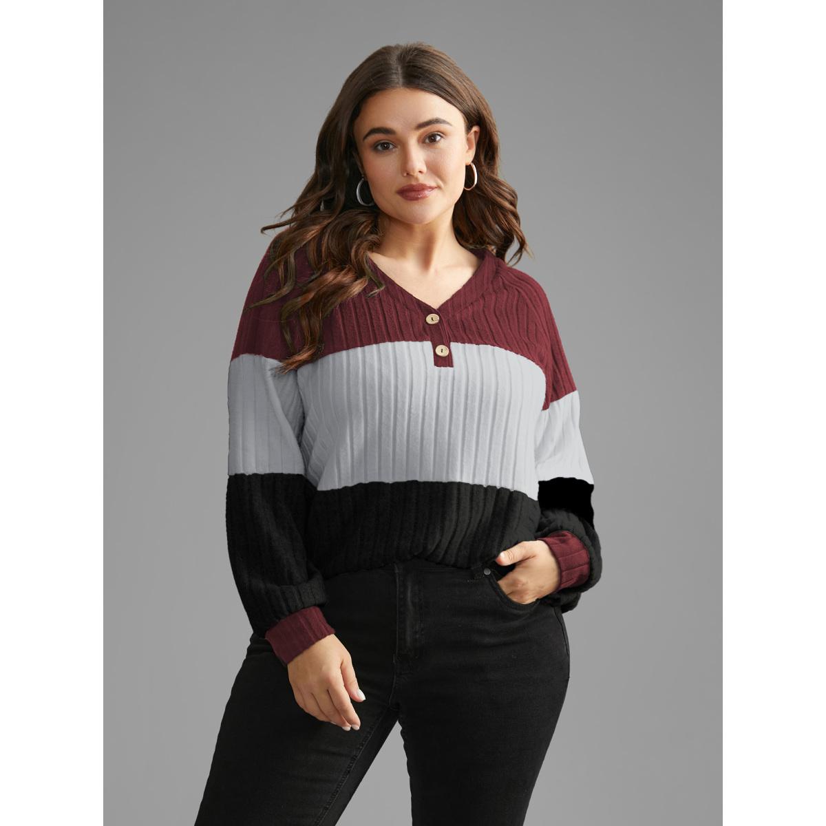 Plus Size Colorblock Contrast Texture Pit Strip T-shirt Burgundy Women Casual Texture V-neck Everyday T-shirts BloomChic 10/M Product Image