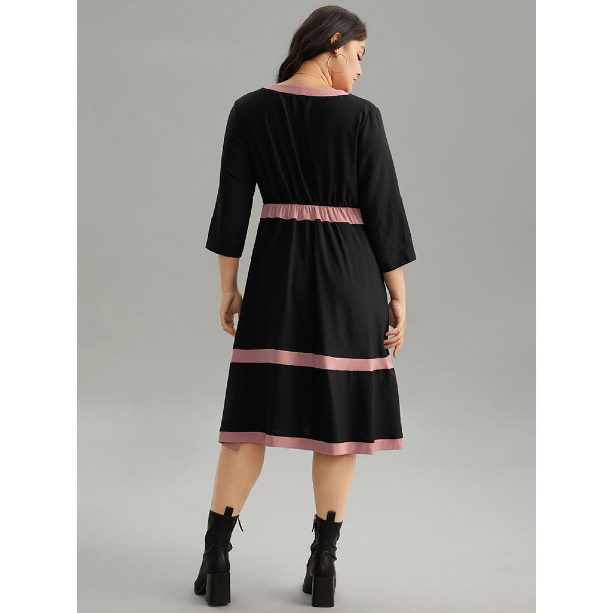 Plus Size Colorblock Contrast Notched Elastic Waist Dress Black Women Casual Contrast Notched collar Elbow-length sleeve Curvy Midi Dress BloomChic 10/M Product Image
