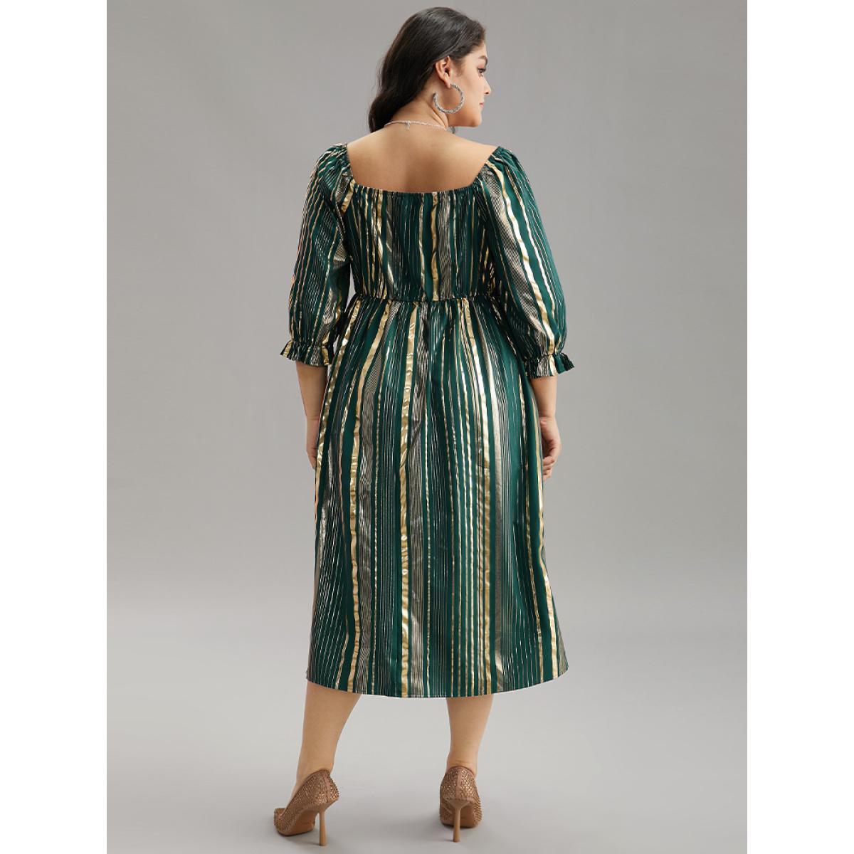 Plus Size Glitter Square Neck Pocket Elastic Waist Dress Cyan Women Party Gathered Square Neck Elbow-length sleeve Curvy Midi Dress BloomChic 10/M Product Image