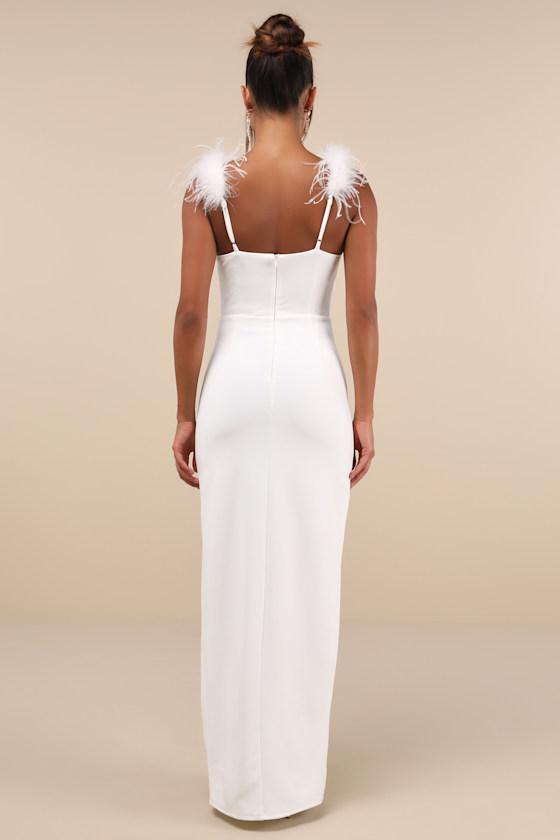 Dramatic Promise White Feather Strap Ruched Column Maxi Dress Product Image