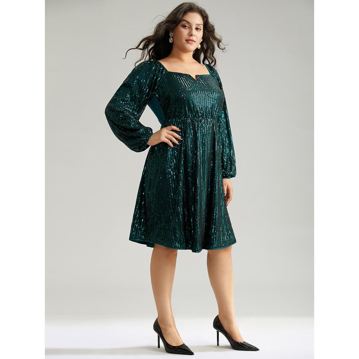 Plus Size Sequin Square Neck Lantern Sleeve Knee Dress DarkGreen Women Party Elastic cuffs Square Neck Long Sleeve Curvy Knee Dress BloomChic 28/5X Product Image