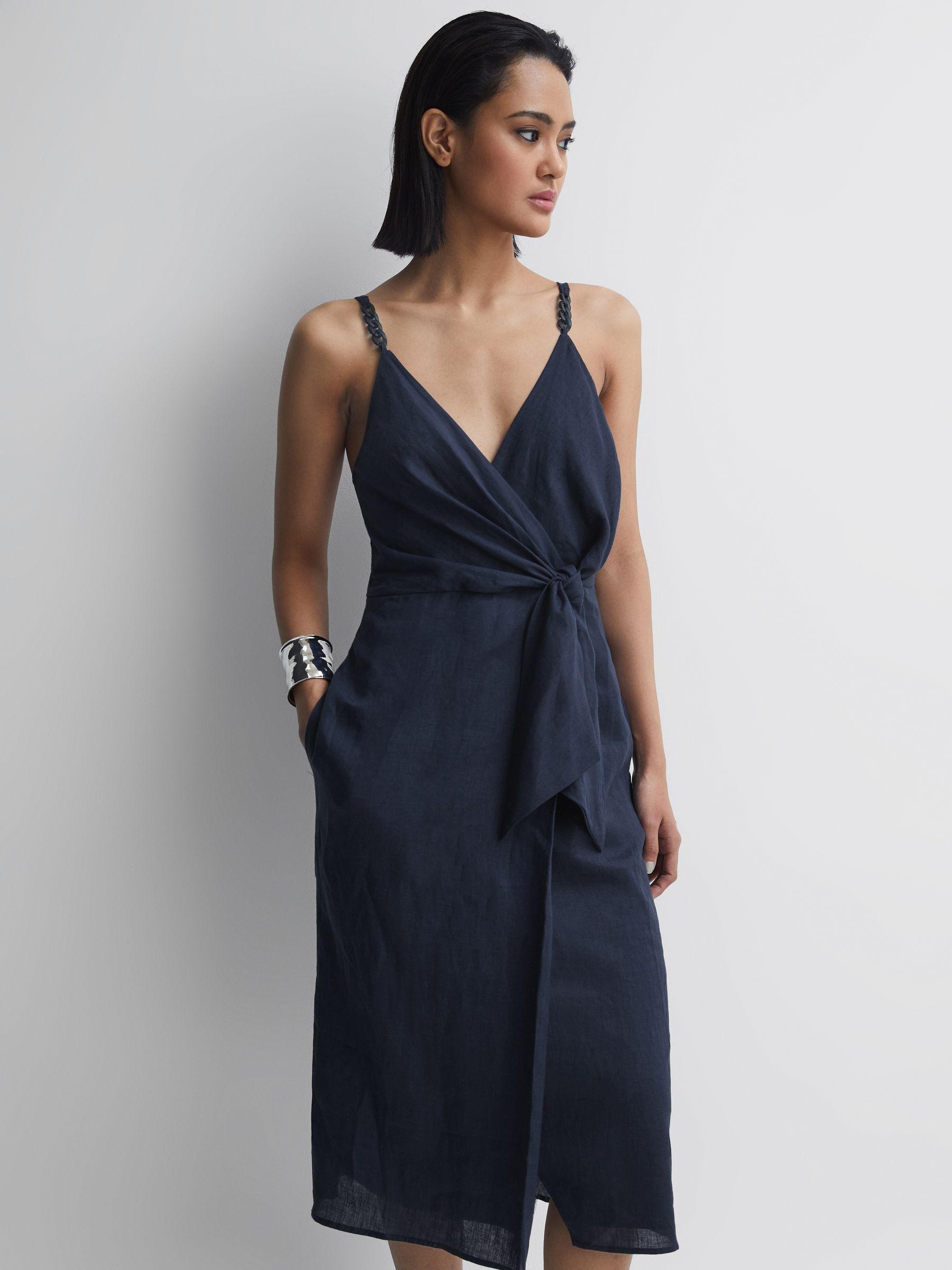 Linen Side Tie Midi Dress in Navy Product Image