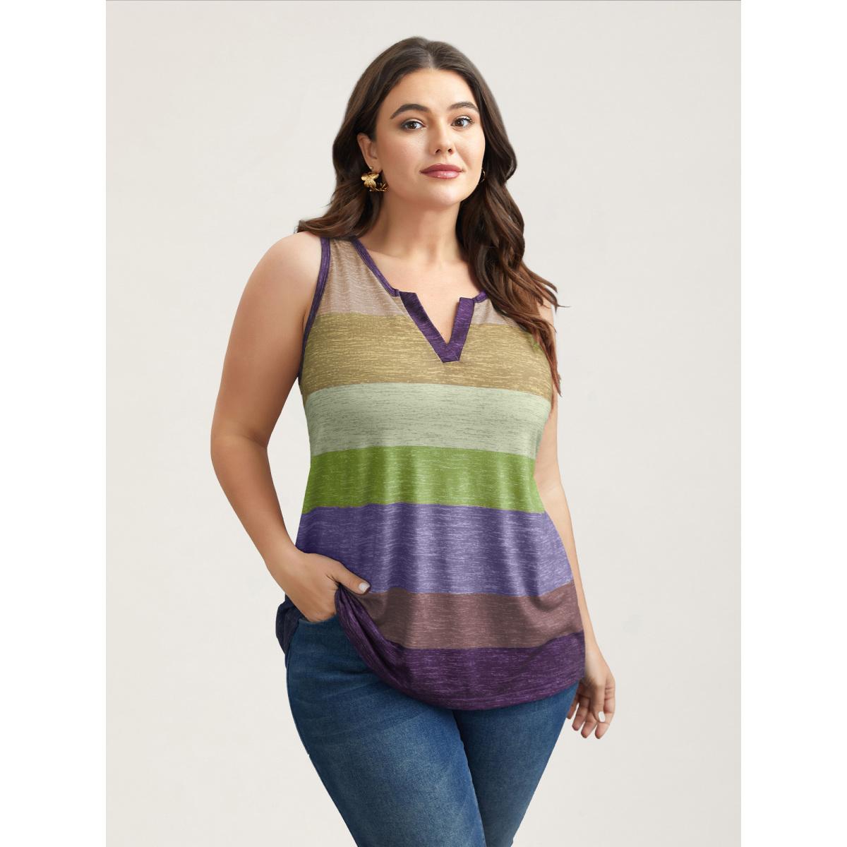 Plus Size Multi-Color Stripes Off-Sleeves Vest Women Burgundy Leisure Contrast Notched collar Casual Tank Tops Camis BloomChic 30/6X Product Image