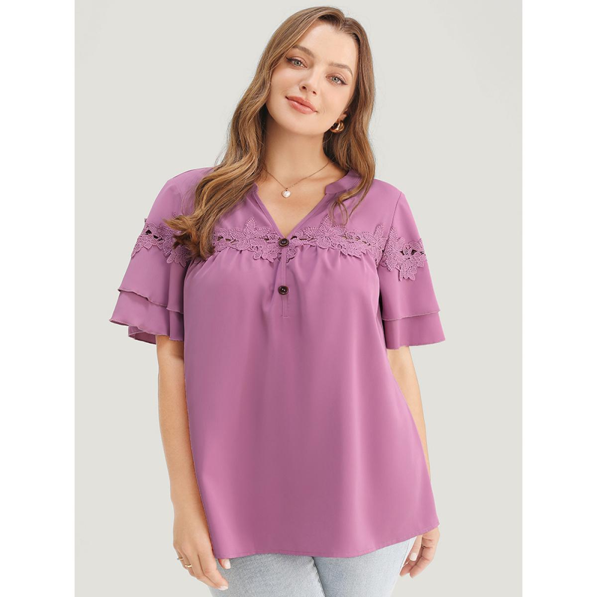 Plus Size Mauve Floral Patchwork Button Detail Ruffle Tiered Sleeve Blouse Women Elegant Short sleeve V-neck Dailywear Blouses BloomChic 10/M Product Image