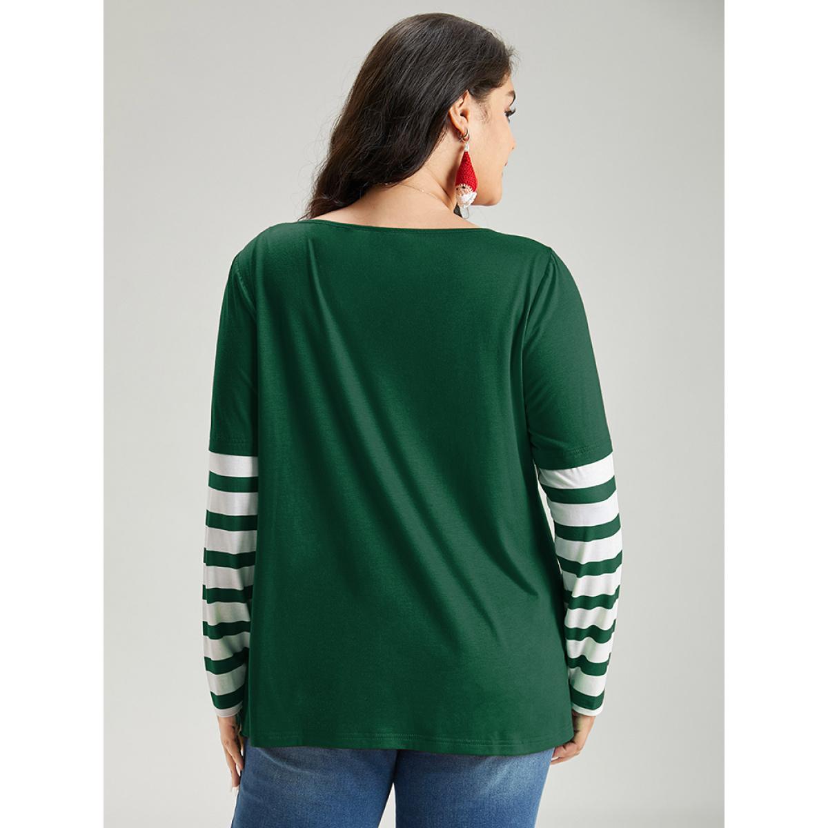 Plus Size Snowflake Striped Patchwork T-shirt Green Women Casual Contrast Christmas Round Neck Festival-Christmas T-shirts BloomChic 14-16/1X Product Image