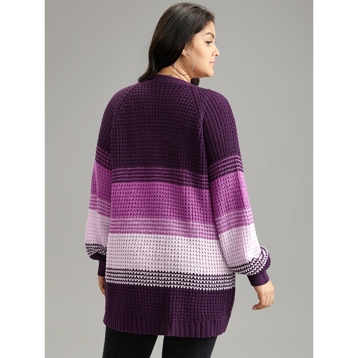 Plus Size Colorblock Contrast Pocket Raglan Sleeve Cardigan Eggplant Women Casual Loose Long Sleeve Dailywear Cardigans BloomChic 22-24/3X Product Image