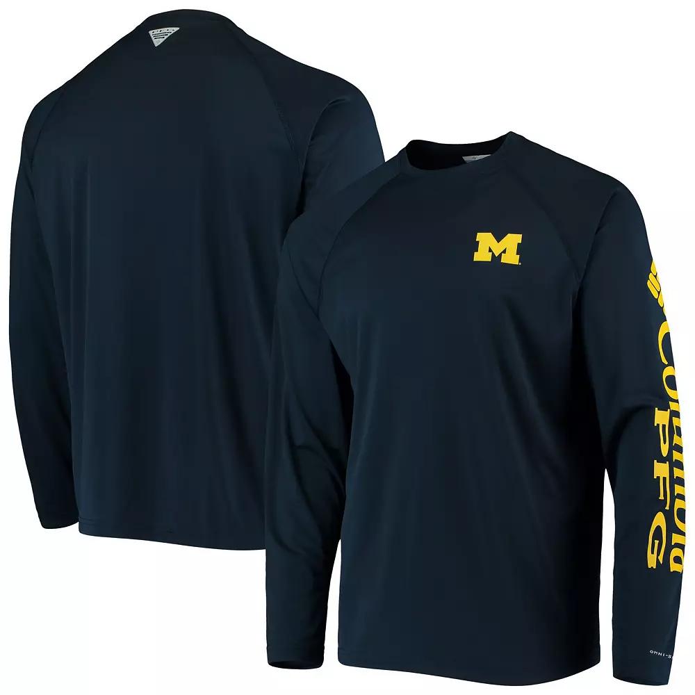 Men's Columbia Navy Michigan Wolverines Terminal Tackle Omni-Shade Raglan Long Sleeve T-Shirt,  Product Image