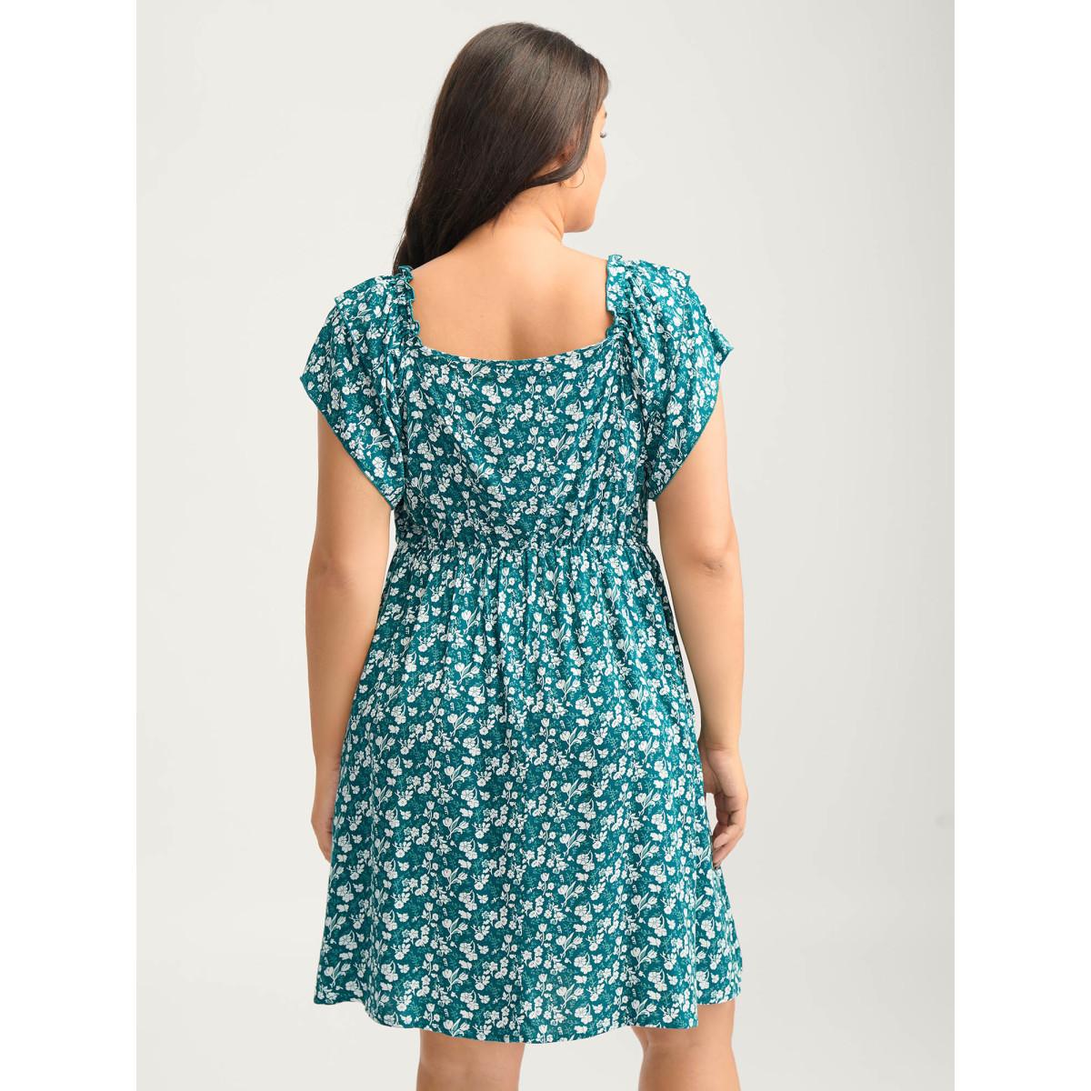 Plus Size Rayon Layered Sleeve Shirred Midi Dress Teal Women Square Neck Cap Sleeve Curvy BloomChic 22-24/3X Product Image