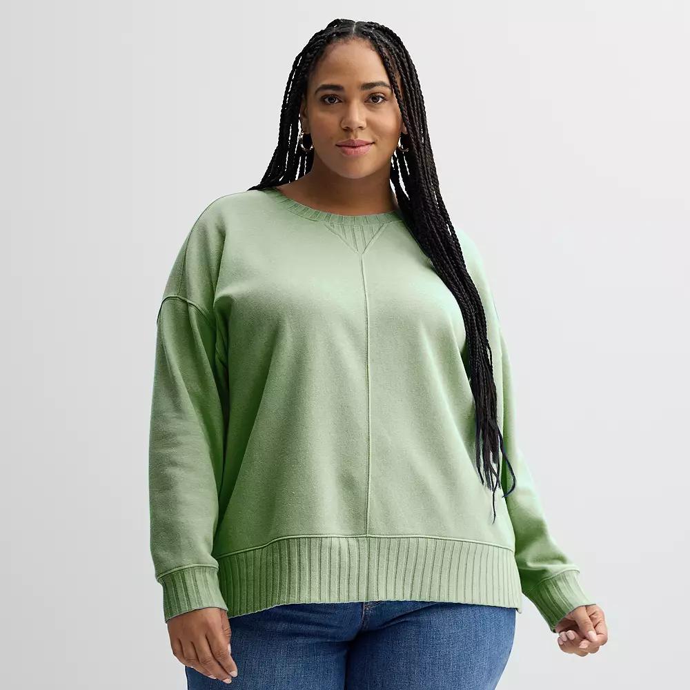 Plus Size Sonoma Goods For Life® Mixed Ribbed Crewneck Fleece Sweatshirt, Women's, Size: 1XL, Madri Green Product Image