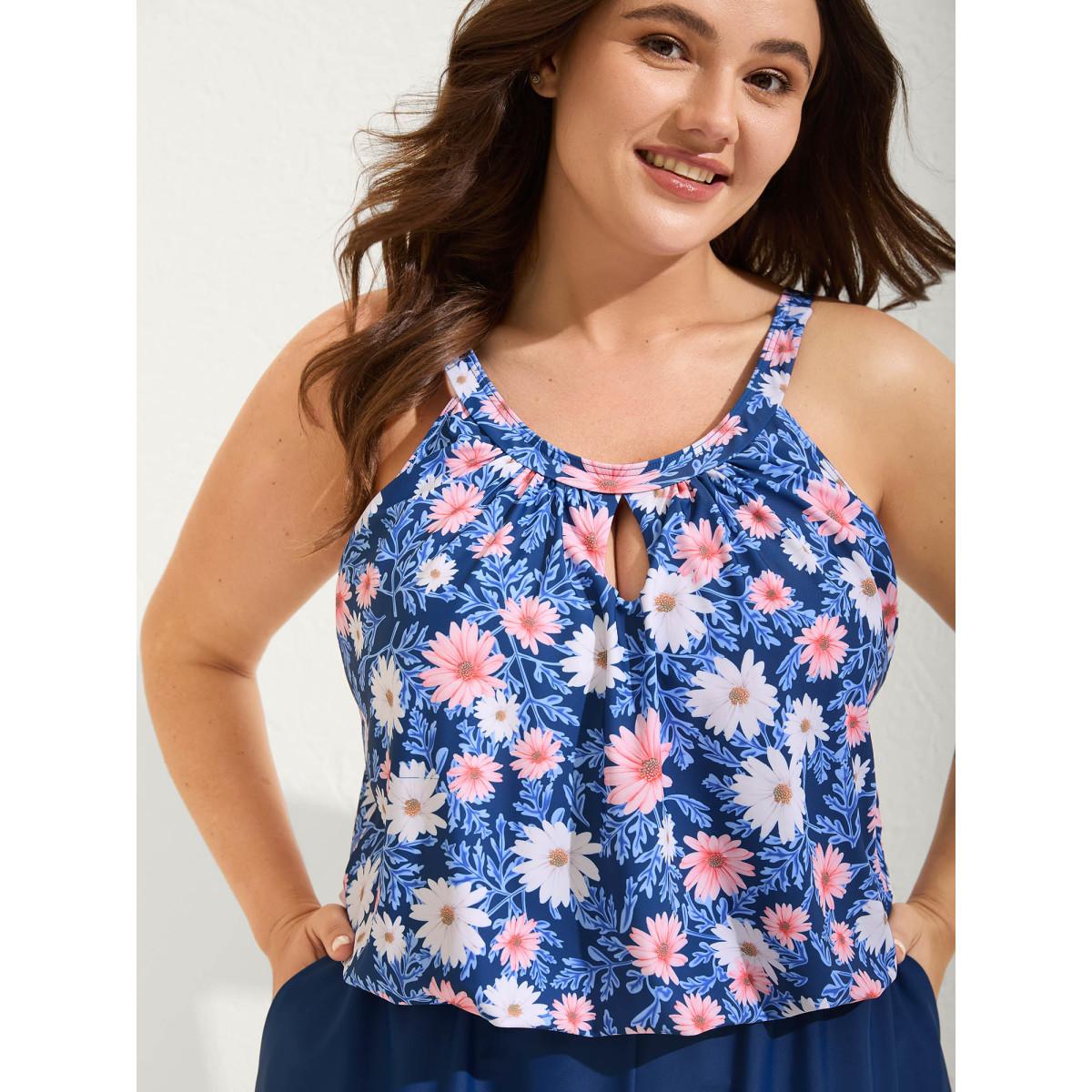 Plus Size Floral Print Keyhole Pockets Swim Romper Women's Swimwear Cerulean Resort Curve Bathing Suits High stretch One Pieces BloomChic 28/5X Product Image