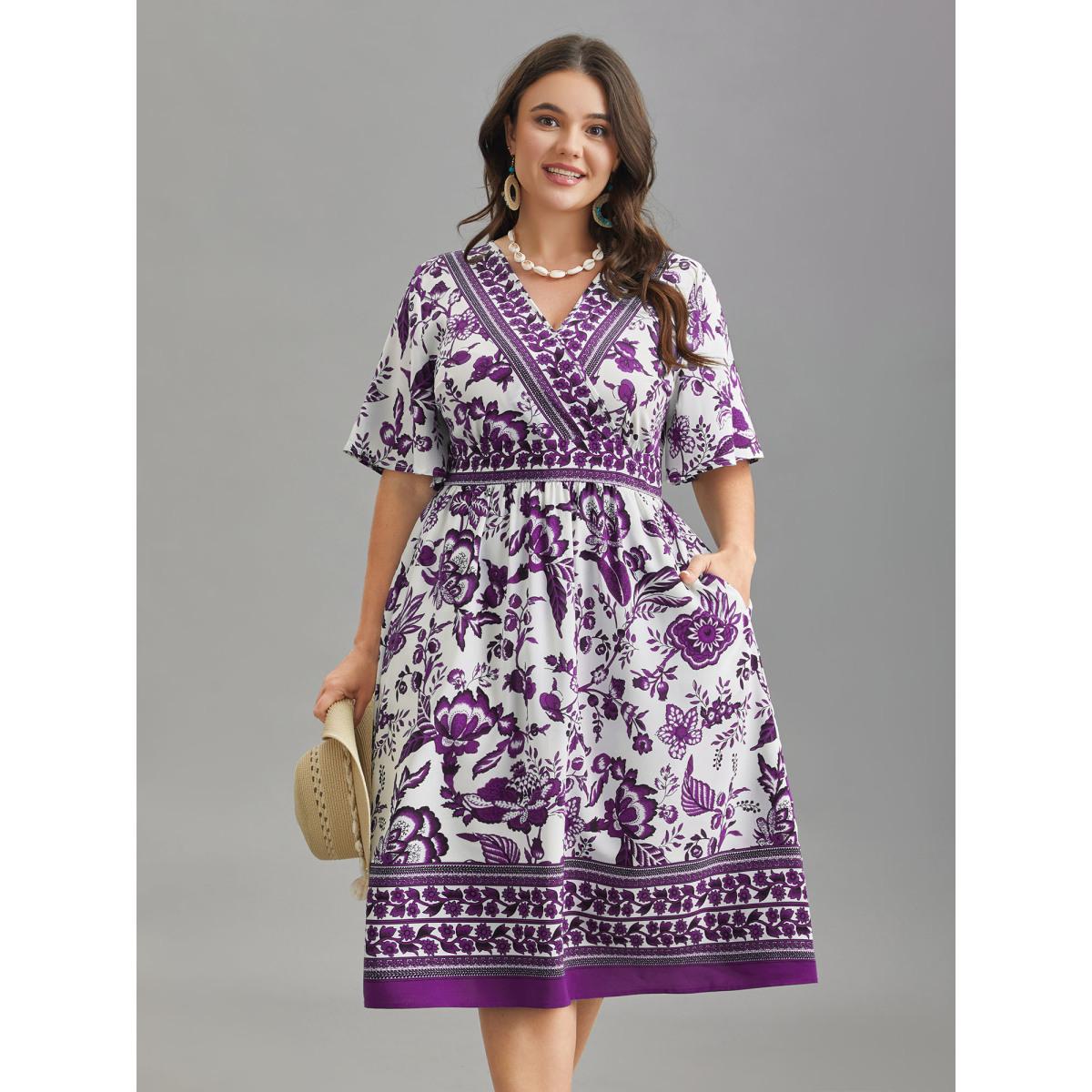 Plus Size Floral Print Wrap-Neck Pocket Midi Dress Mauve Women Resort Non Overlap Collar Short sleeve Curvy BloomChic 14-16/1X Product Image