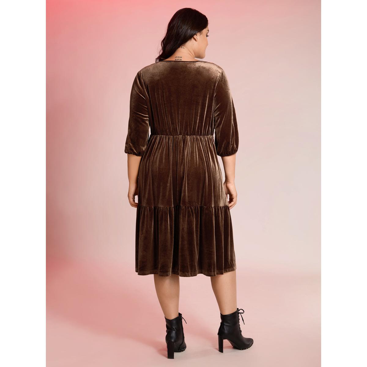 Plus Size Velvet V-Neck Cinched-Waist Midi Dress Browncoffeecolor Women Leisure Gathered V-neck Elbow-length sleeve Curvy BloomChic 26/4X Product Image