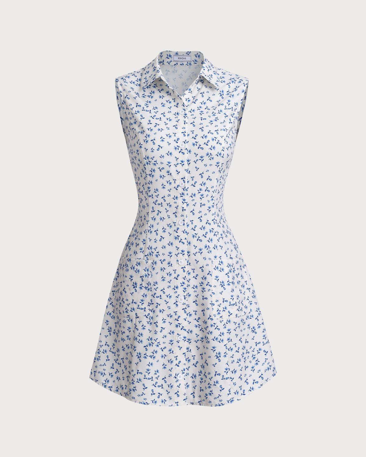 Blue Floral Pocket Sleeveless Mini Dress Product Image