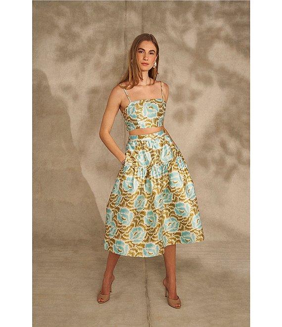 1. STATE Sketched Floral Print Round Twill Square Neck Sleeveless Spaghetti Strap Coordinating Cropped Top Product Image