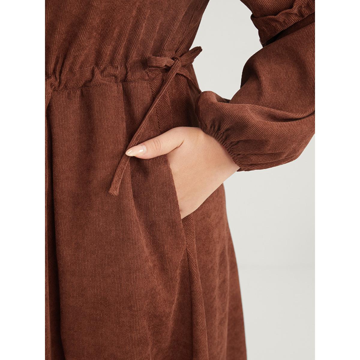 Plus Size Solid Drawstring Pocket Button Detail Shirt Collar Corduroy Dress Brown Women Office Drawstring Shirt collar Long Sleeve Curvy Midi Dress BloomChic 22-24/3X Product Image