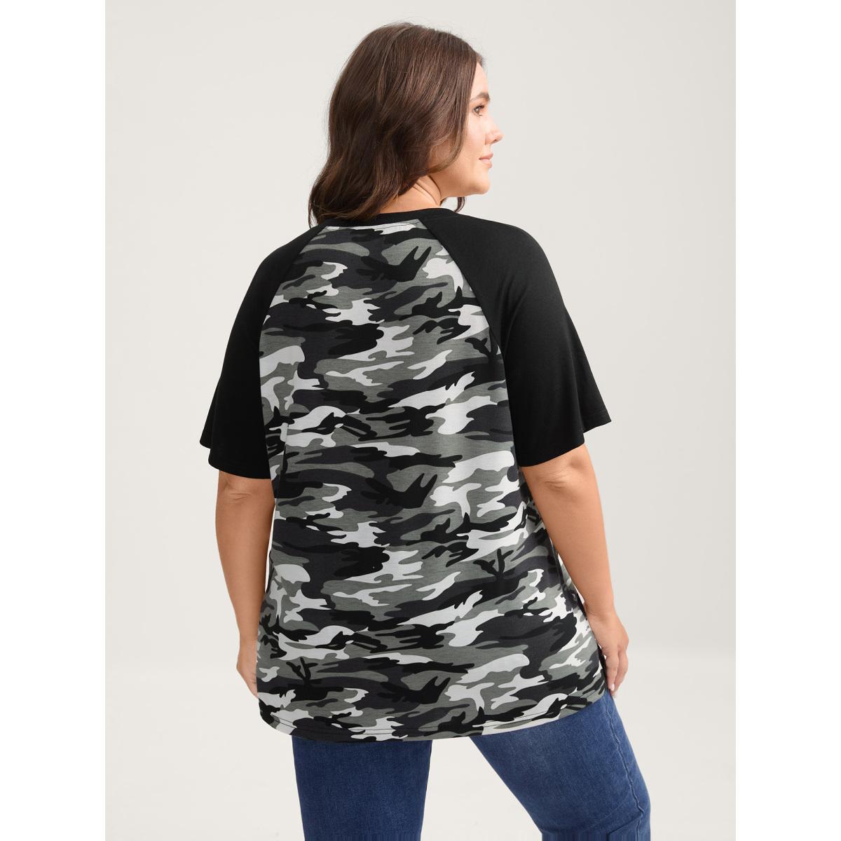 Plus Size Camouflage Print Raglan Sleeve T-Shirt Sage Women Contrast V-neck Everyday-Casual T-shirts BloomChic 10/M Product Image