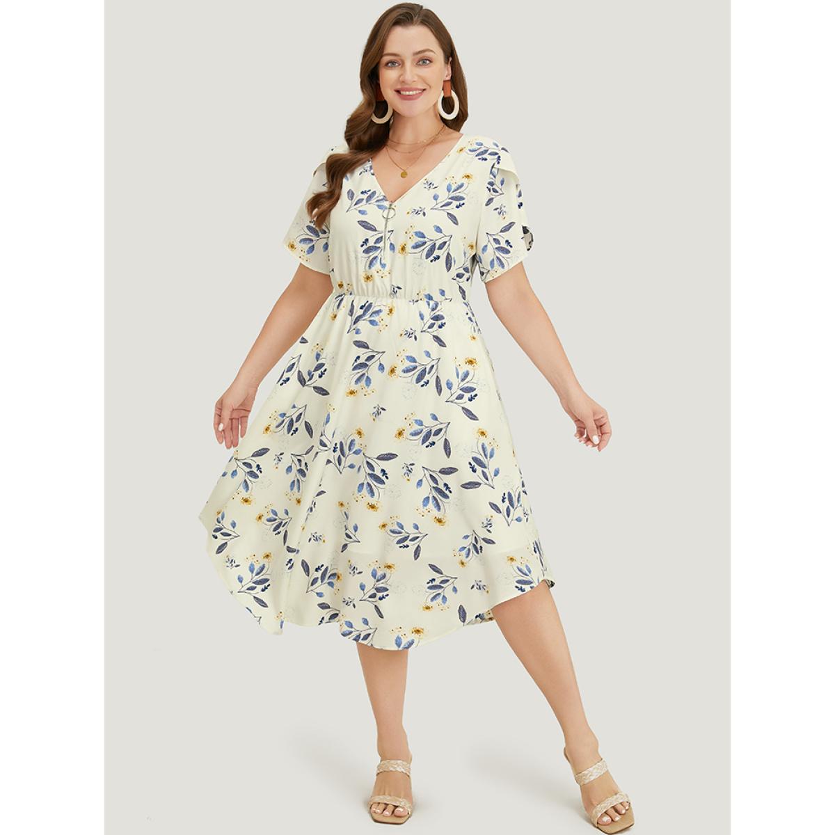 Plus Size Floral Arc Hem Pocket Split Petal Sleeve Zip Up Dress Ivory Women Office Lined V-neck Short sleeve Curvy Midi Dress BloomChic 14-16/1X Product Image