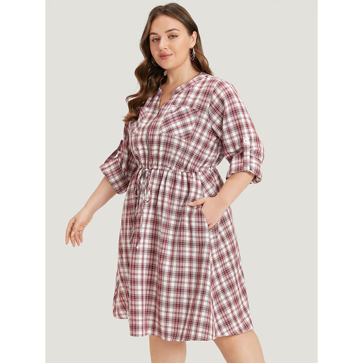 Plus Size Plaid Drawstring Zipper Notched Tab Sleeve Dress Raspberry Women Elegant Zipper Notched collar Long Sleeve Curvy Knee Dress BloomChic 12/L Product Image