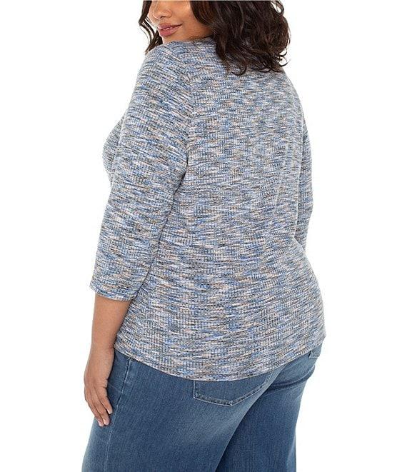 Liverpool Los Angeles Plus Size Rib Knit Space Dye Print V-Neck 3/4 Sleeve Top Product Image