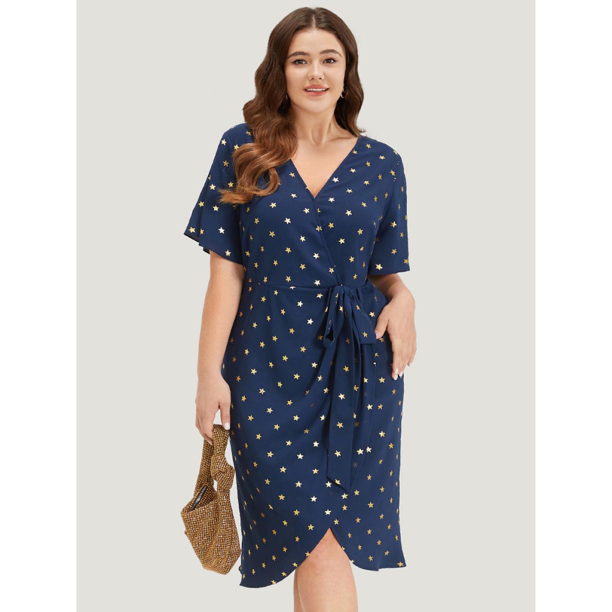 Plus Size Star Wrap Ties Pocket Ruffle Sleeve Dress Indigo Women Party Wrap Overlap Collar Sleeveless Curvy Midi Dress BloomChic 28/5X Product Image