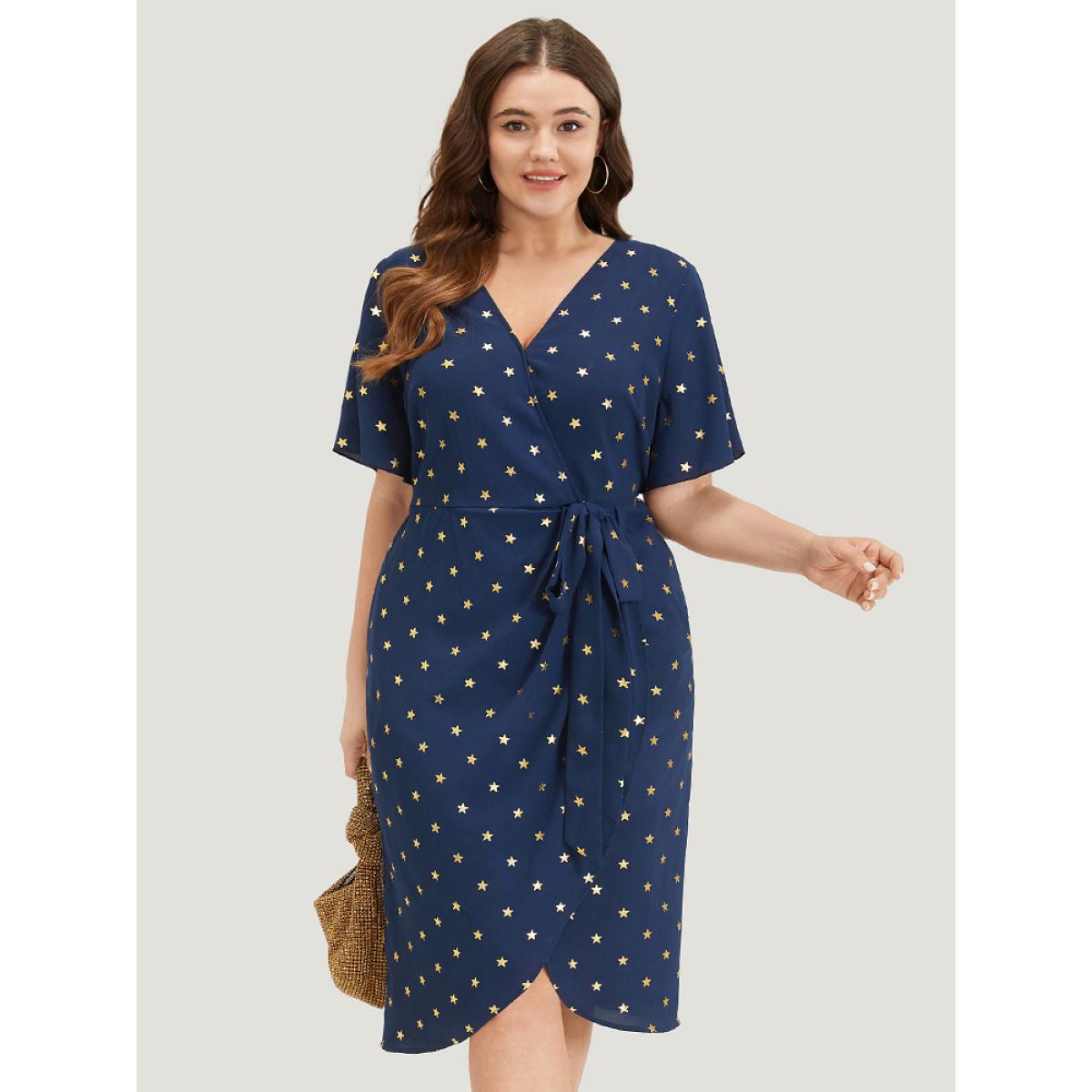Plus Size Star Wrap Ties Pocket Ruffle Sleeve Dress Indigo Women Party Wrap Overlap Collar Sleeveless Curvy Midi Dress BloomChic 28/5X Product Image