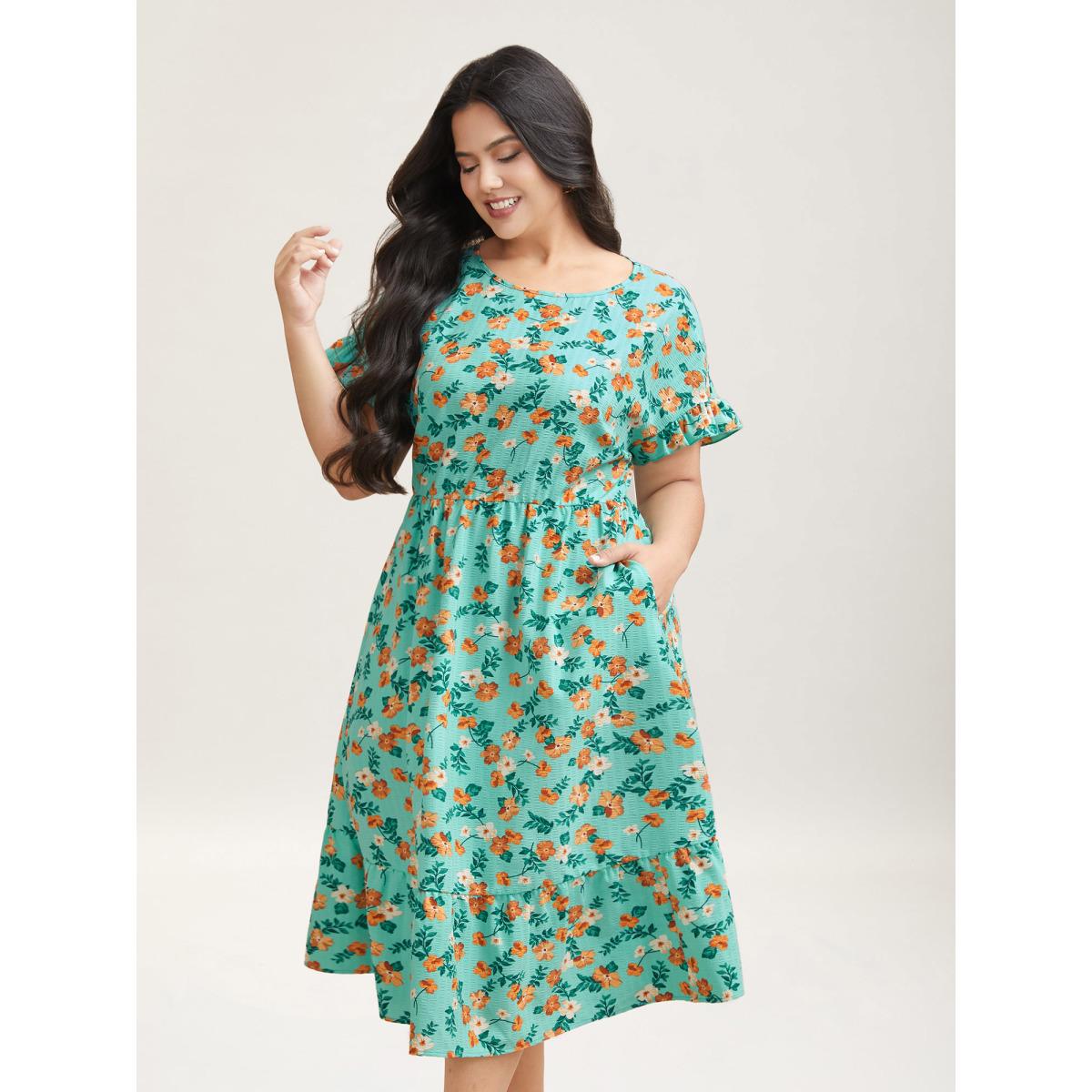 Plus Size Floral Print Ruffled Pockets Midi Dress Turquoise Women Elegant Texture Round Neck Short sleeve Curvy BloomChic 12/L Product Image