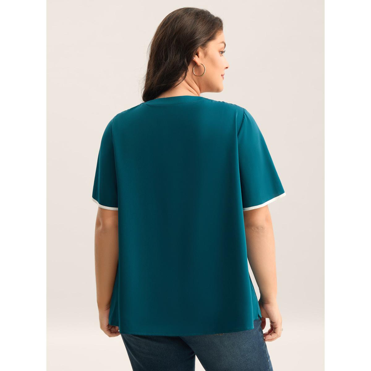 Plus Size Aegean Flared Sleeve Keyhole Solid Blouse Women Short sleeve Round Neck Work Blouses BloomChic 22-24/3X Product Image