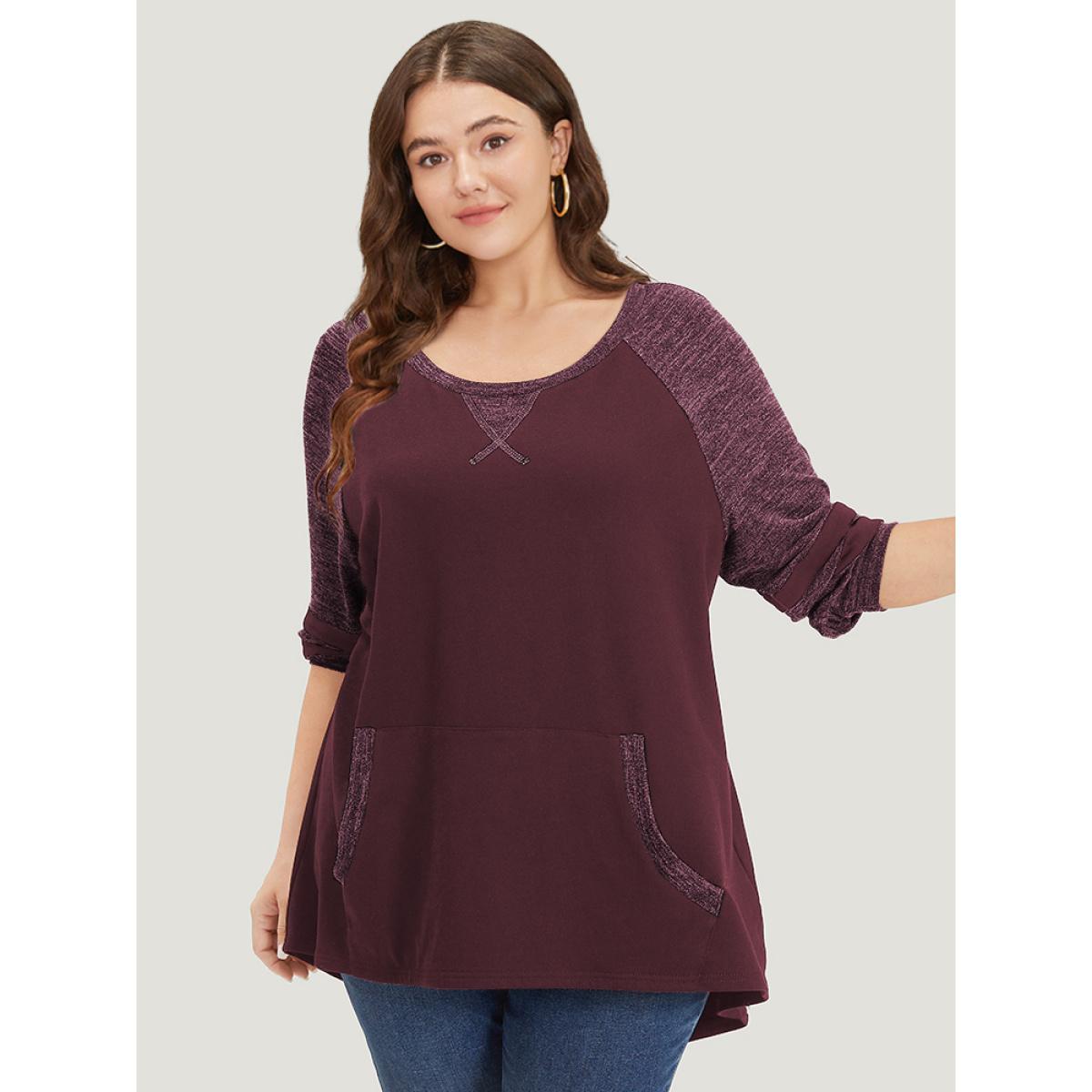 Plus Size Striped Contrast Pocket Raglan Sleeve High Low Hem Sweatshirt Women Green Casual Contrast Round Neck Everyday Sweatshirts BloomChic 10/M Product Image