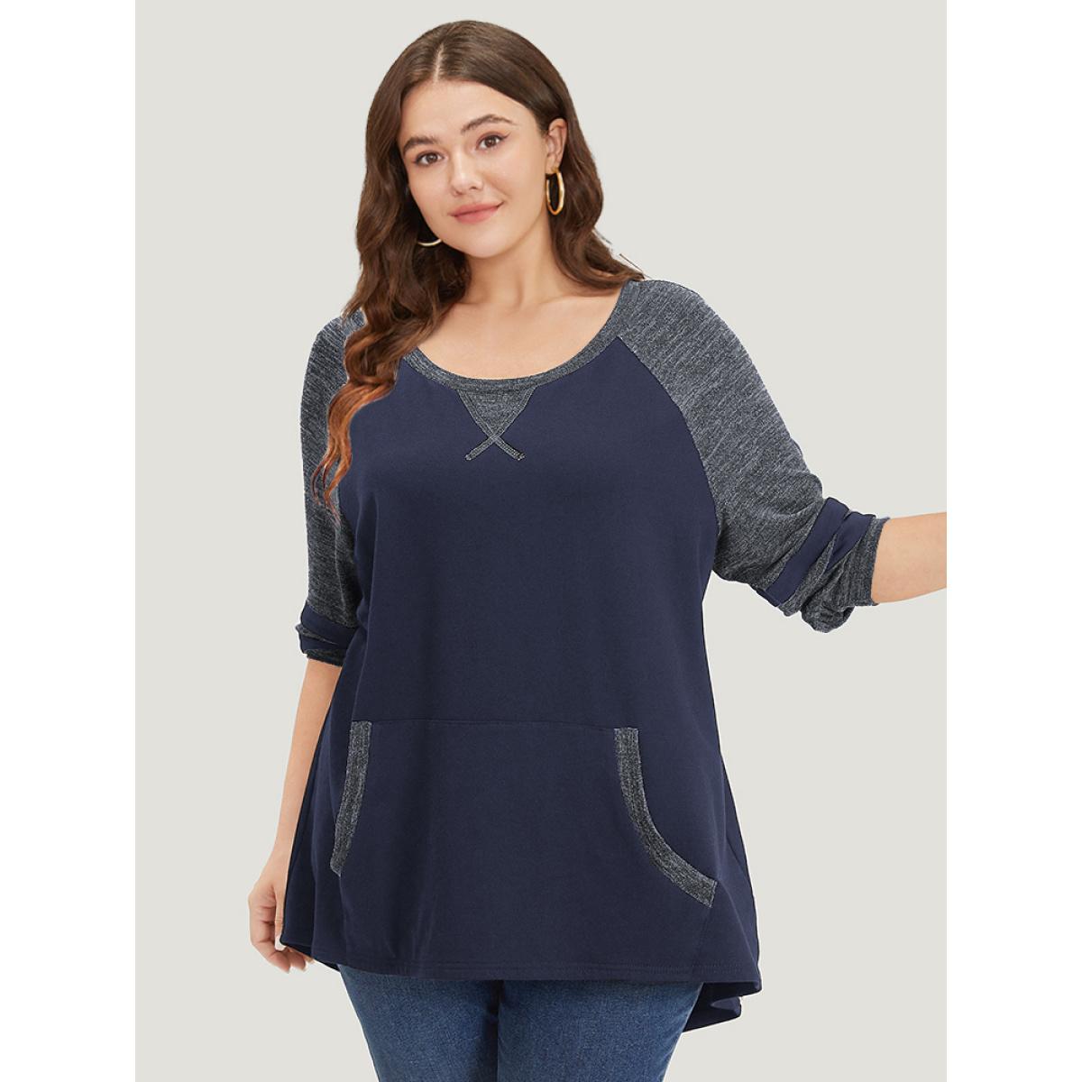 Plus Size Striped Contrast Pocket Raglan Sleeve High Low Hem Sweatshirt Women Green Casual Contrast Round Neck Everyday Sweatshirts BloomChic 10/M Product Image