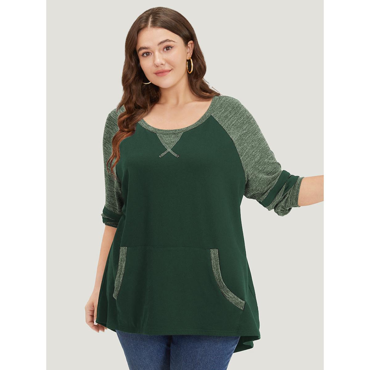 Plus Size Striped Contrast Pocket Raglan Sleeve High Low Hem Sweatshirt Women Green Casual Contrast Round Neck Everyday Sweatshirts BloomChic 10/M Product Image