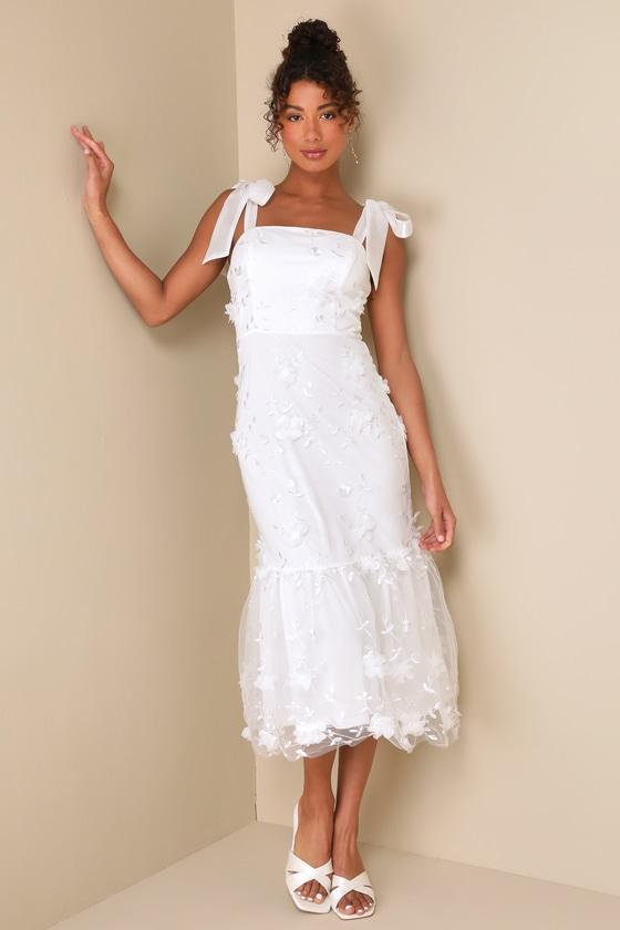 Divinely Adored White Embroidered Floral Tie-Strap Midi Dress Product Image
