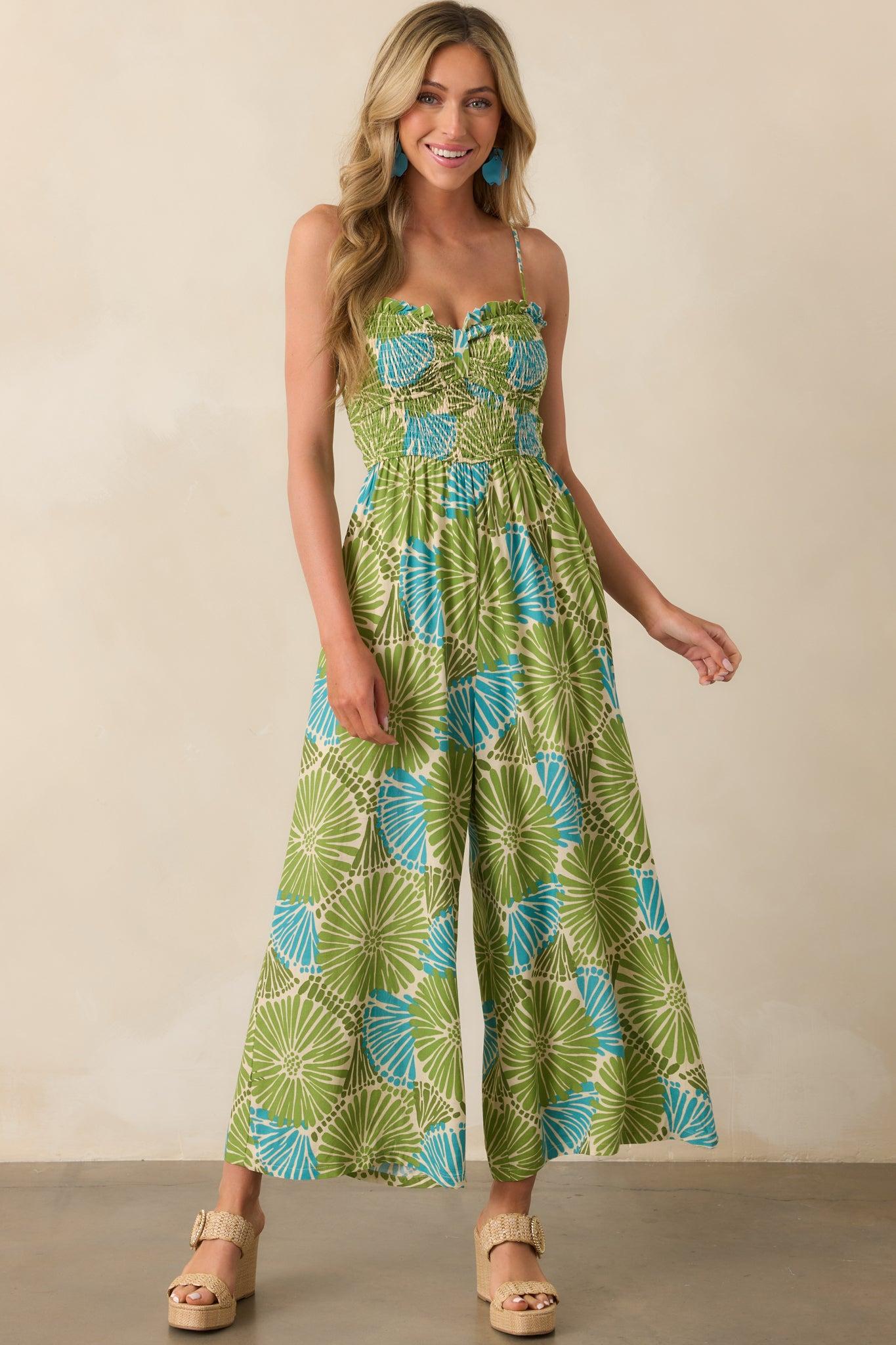 Something Light And Easy Green Floral Linen Blend Jumpsuit Product Image