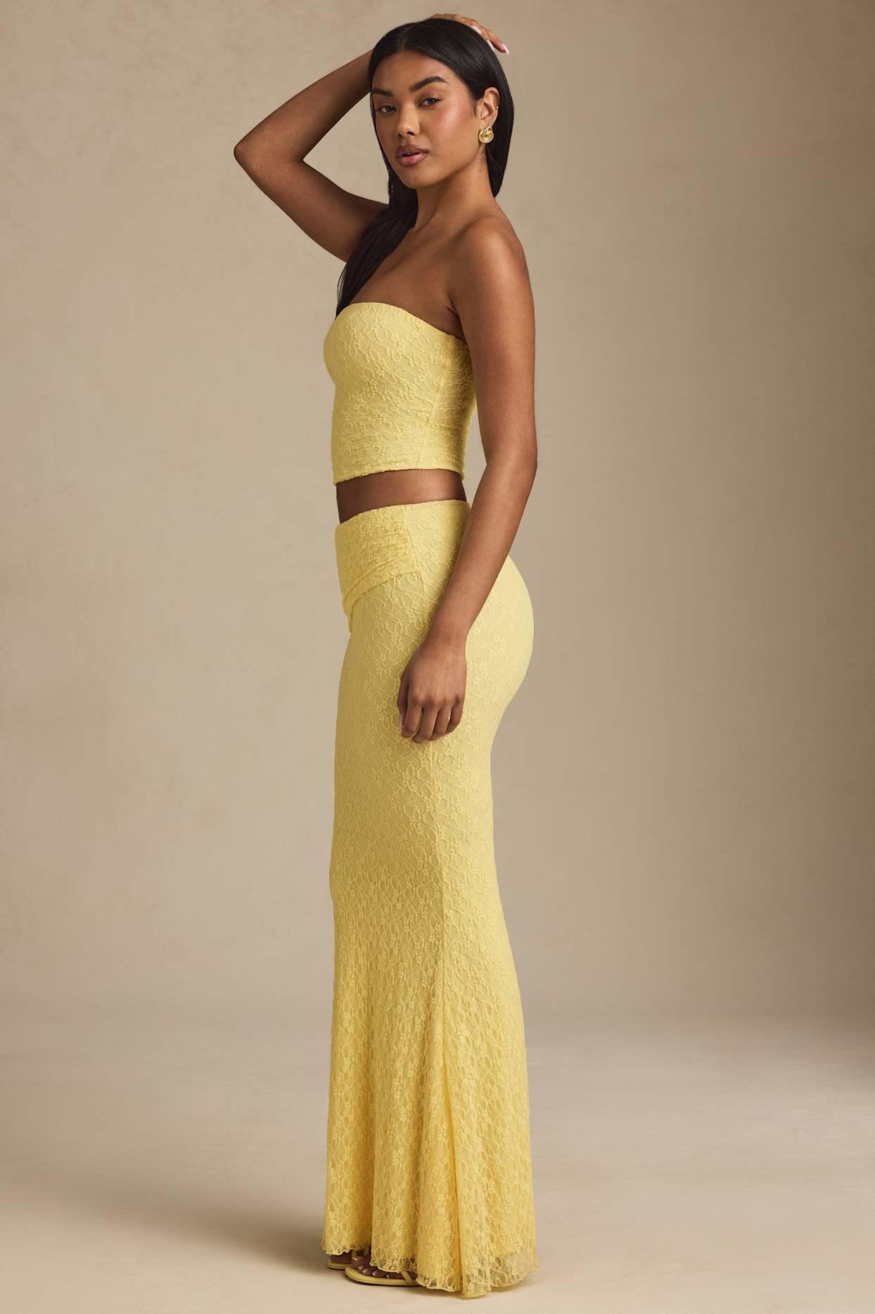 Draped Low-Rise Lace Maxi Skirt in Pastel Yellow Product Image