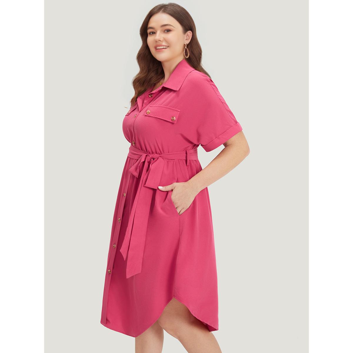 Plus Size Plain Belted Shirt Collar Arc Hem Roll Batwing Sleeve Dress Red Women Office Belted Shirt collar Short sleeve Curvy Knee Dress BloomChic 22-24/3X Product Image