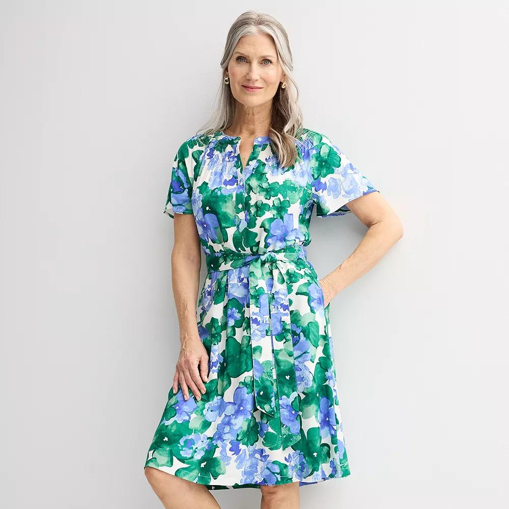 Womens Croft & Barrow Smocked Neck Button-Front Dress Blue Blue Floral Product Image