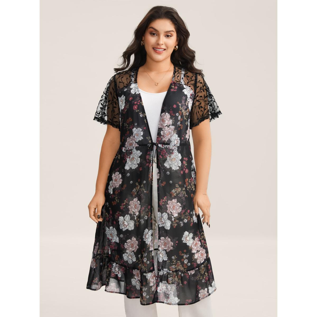 Plus Size Chiffon Floral Front Mid Tie Kimono Women Black Tie knot Bodycon Everyday-Elegant Kimonos BloomChic 18-20/2X Product Image