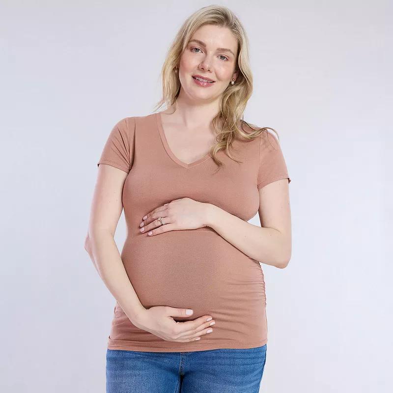 Maternity Motherhood® Side Ruched V-Neck Tee, Women's, Size: Small-Mat, Brown Mousse Product Image