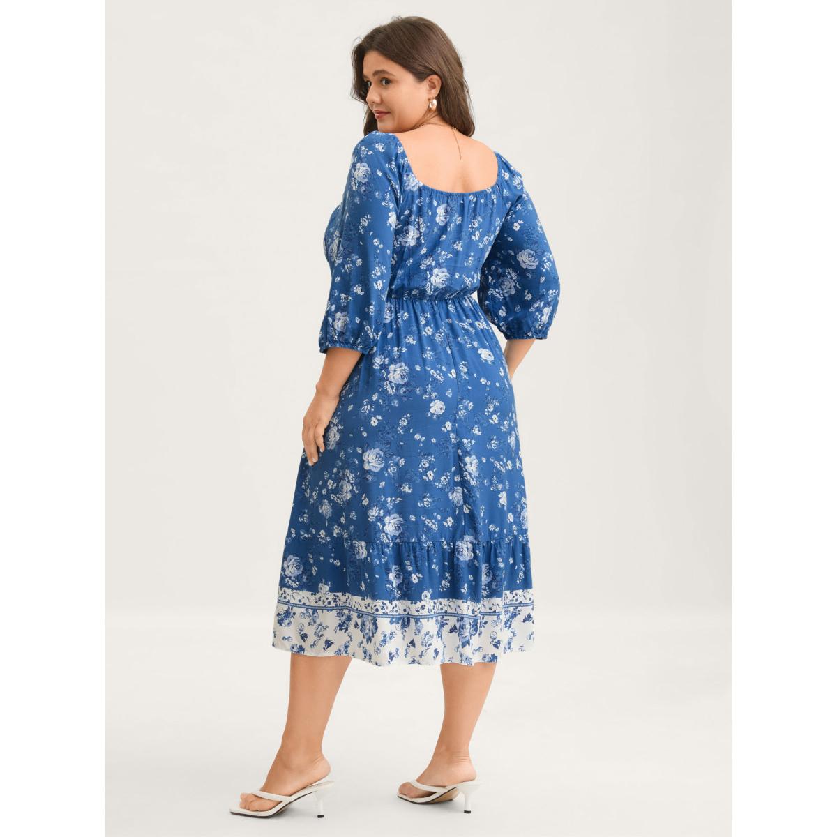Plus Size Rosy Print Shirred Bust Pockets Midi Dress Mediumblue Women Square Neck Elbow-length sleeve Curvy BloomChic 10/M Product Image