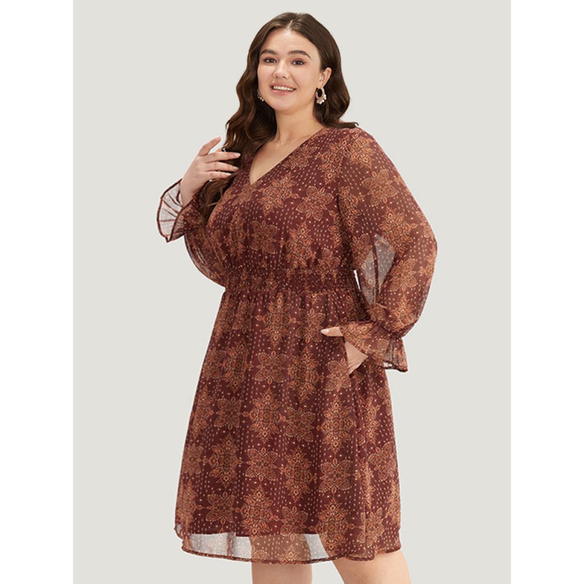 Plus Size Bandana Print Elastic Waist Flutter Trim Dress Scarlet Women Vacation Elastic cuffs V-neck Long Sleeve Curvy Midi Dress BloomChic 14-16/1X Product Image