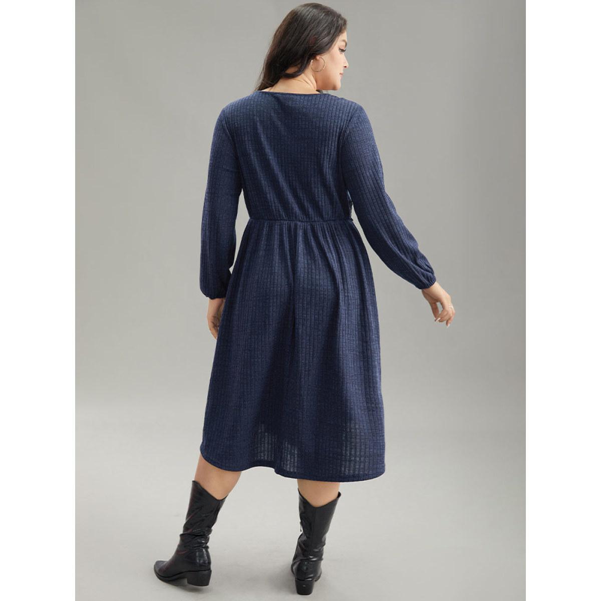 Plus Size Rib Knit Lace Panel Contrast Pocket Dress DarkBlue Women Casual Elastic cuffs V-neck Long Sleeve Curvy Midi Dress BloomChic 30/6X Product Image