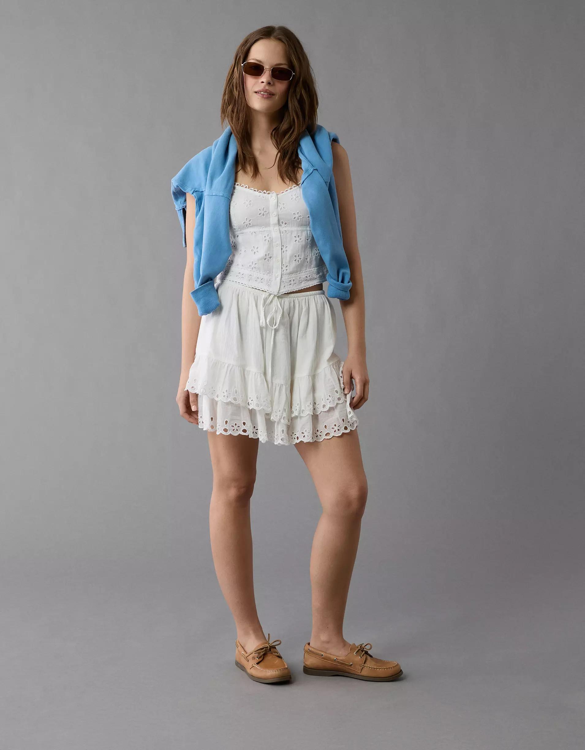 AE High-Waisted Embroidered Ruffle Mini Skirt Product Image