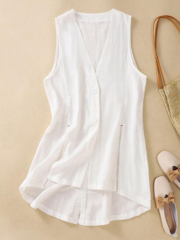 Loose Sleeveless Buttoned Solid Color V-Neck Vest Top Product Image