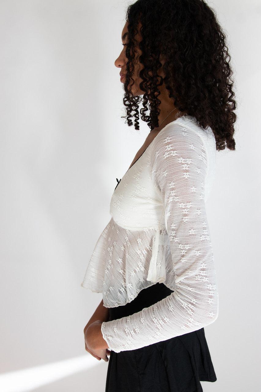 Curved Hem Lace Long Sleeve Bow Top Product Image