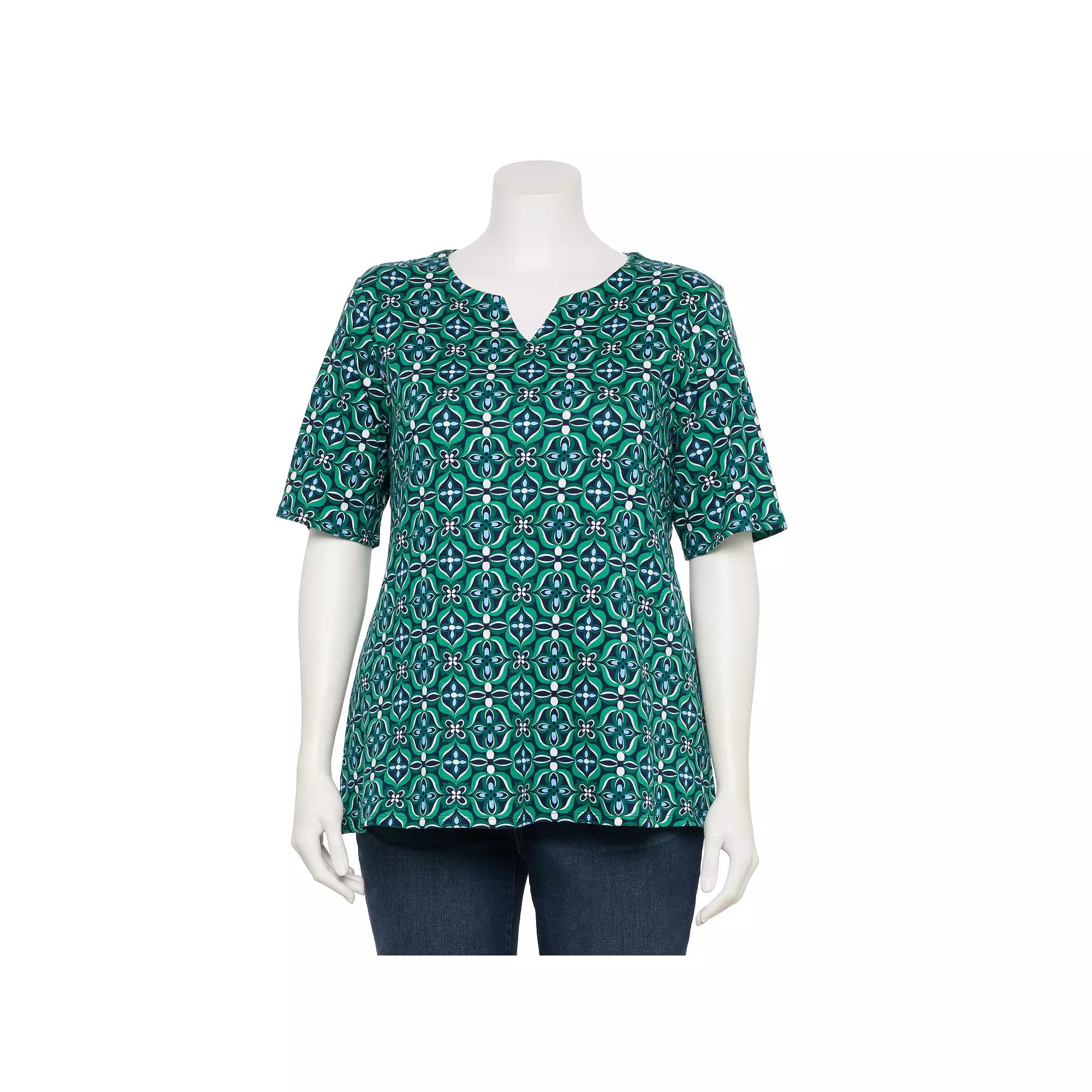 Plus Size Croft & Barrow® Elbow Sleeve Split Neck Top, Women's, Size: 3XL, Green Mod Tile Product Image